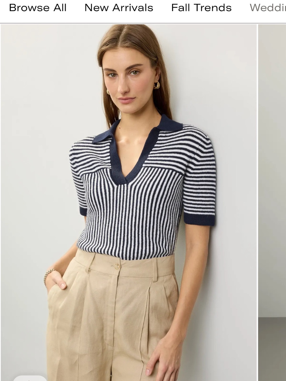 Stevie Top by Reiss, a short-sleeve knitted polo navy and ivory vertical stripe